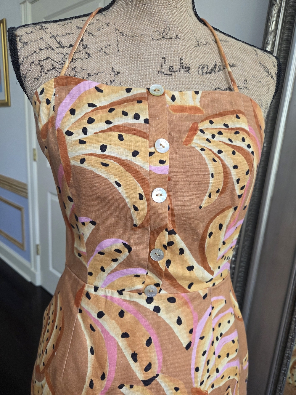 FARM Rio Peach Halter Midi Dress with Pink & Cream Accents M - Picture 3 of 9